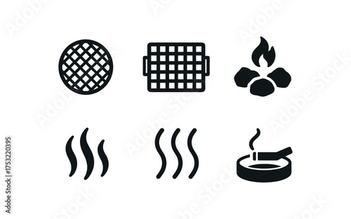 flat black solid icon items isolated on white background grill mesh iron grate fire coal smoke rise heat wave ash tray