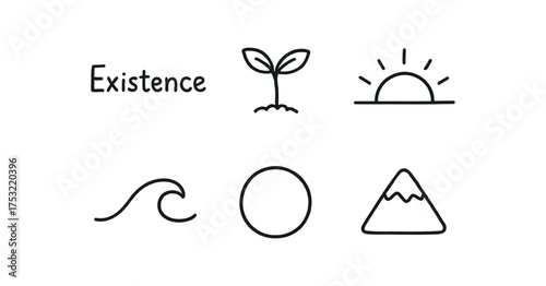 hand drawn cute doodle style line isolated on white background: existence tree sprout sunrise arc wave path circle mountain base