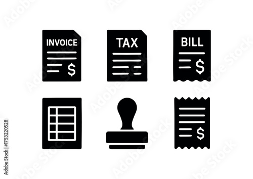 flat black solid icon items isolated on white background: invoice paper tax slip bill sheet ledger page company stamp receipt line