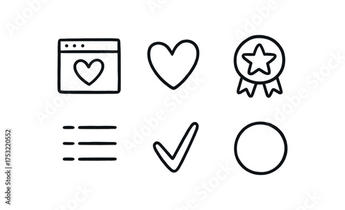 hand drawn cute doodle style line isolated on white background: preference heart icon badge list lines check circle dot