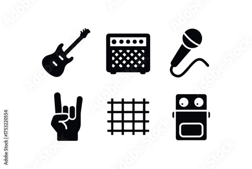 flat black solid icon items isolated on white background: electric guitar amp speaker stage mic rock hand string chord pedal box