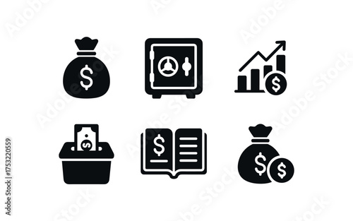 flat black solid icon items isolated on white background: money pouch bank vault investment graph budget box credit ledger payout bag