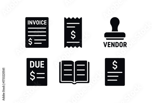 flat black solid icon items isolated on white background: invoice form payment slip vendor stamp due bill ledger book expense note