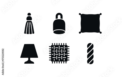 flat black solid icon items isolated on white background thread tassel cord pillow trim lamp shade woven mat rope braid