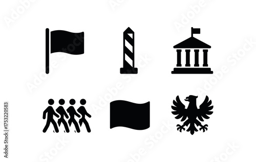 flat black solid icon items isolated on white background: country flag border pole embassy hall parade march fabric wave national crest