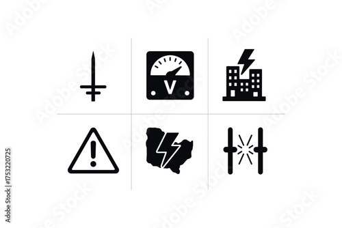 flat black solid icon items isolated on white background: lightning voltage meter blackout city warning sign thunderstorm map spark