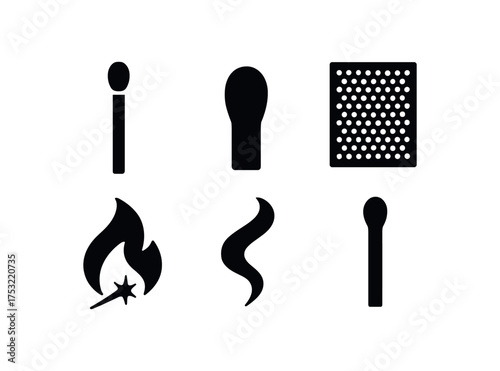 flat black solid icon items isolated on white background match tip red head pad flame spark smoke curl char mark