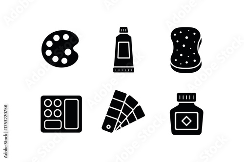 flat black solid icon items isolated on white background: color palette pigment tube art sponge paint tray tone swatch ink bottle