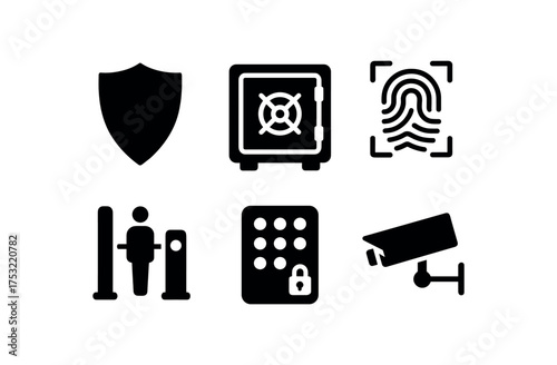 flat black solid icon items isolated on white background: steel shield vault lock biometric pad access gate passcode keypad security camera