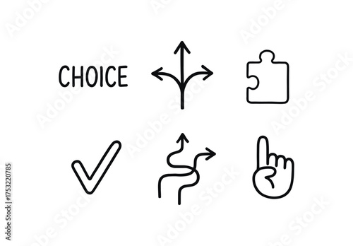hand drawn cute doodle style line isolated on white background: choice branching arrows puzzle piece tick decision path hand icon