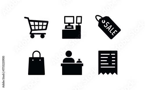 flat black solid icon items isolated on white background: shopping cart checkout kiosk sale tag retail bag customer desk shop receipt
