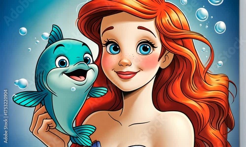 Animated mermaid with dolphin swims in ocean
