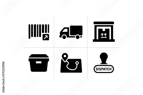 flat black solid icon items isolated on white background: tracking barcode cargo truck loading dock locker bin route map dispatch stamp