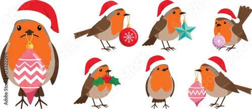 Charming Christmas Robins Wearing Santa Hats Holding Holiday Ornaments and Festive Decorations