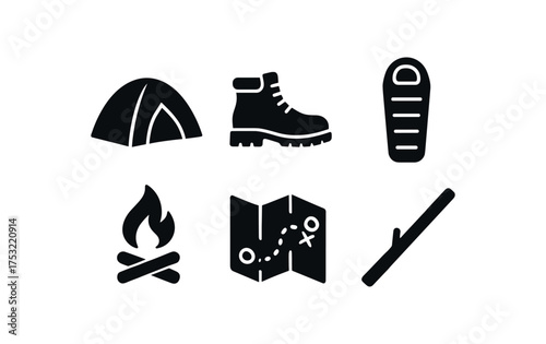 flat black solid icon items isolated on white background: dome tent hiking boot sleeping bag fire pit trail map wood stick