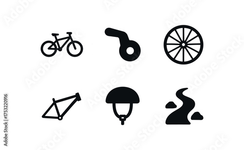 flat black solid icon items isolated on white background: mountain bike gear shifter spoke wheel cycle frame helmet strap trail path