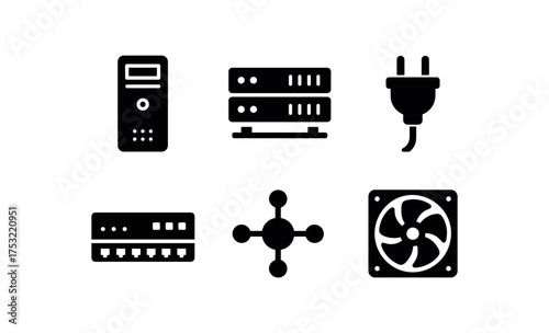 flat black solid icon items isolated on white background: server tower rack unit power plug network switch data hub cooling vent