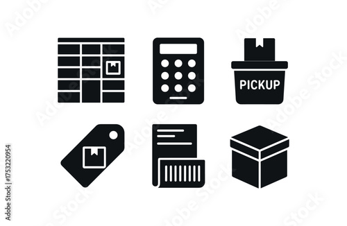 flat black solid icon items isolated on white background: parcel locker code pad pickup bin delivery tag barcode slip storage box