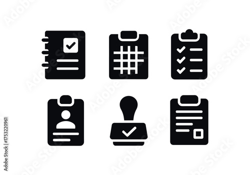 flat black solid icon items isolated on white background: agenda clipboard schedule sheet duty chart meeting note approval stamp form pad
