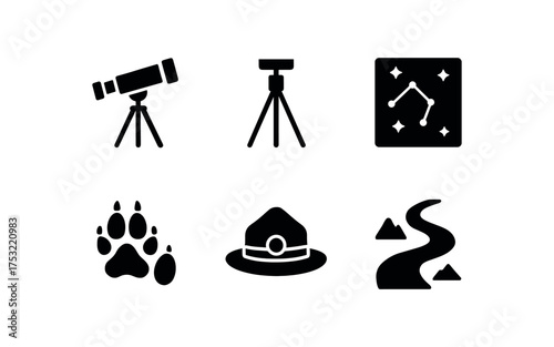 flat black solid icon items isolated on white background: field scope tripod stand sky map wildlife track ranger hat trail path