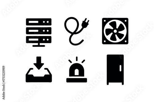 flat black solid icon items isolated on white background: server rack cable wire cooling fan data tray blinking light rack door