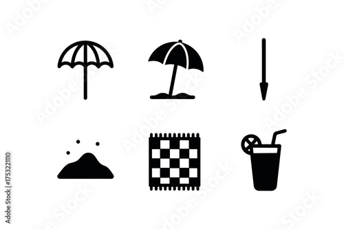 flat black solid icon items isolated on white background umbrella rib canopy tip sand floor picnic mat cool drink