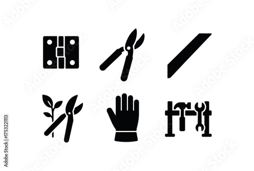 flat black solid icon items isolated on white background hinge joint garden shear cutting edge pruning stem leather glove tool rack