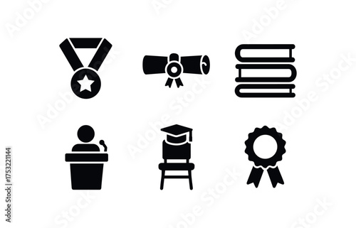 flat black solid icon items isolated on white background: academic medal honor scroll book stack teacher podium graduate chair award ribbon