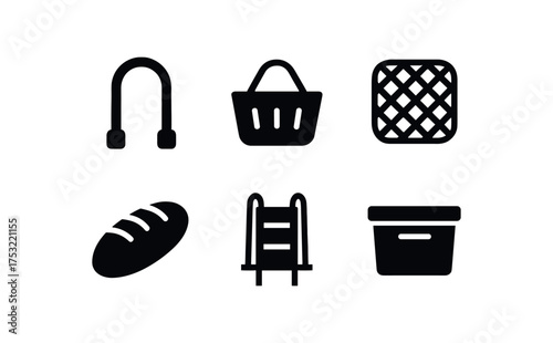 flat black solid icon items isolated on white background strap handle market basket straw weave bread loaf pack frame storage bin