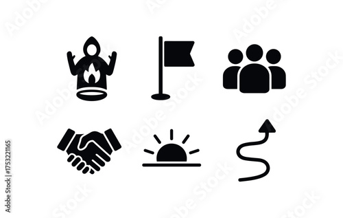 flat black solid icon items isolated on white background: ritual initiation flag icon group figures handshake rising sun path line