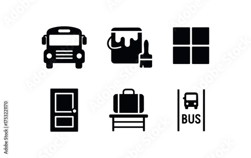 flat black solid icon items isolated on white background: school bus paint window row front door luggage rack bus lane