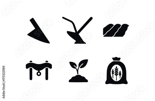 flat black solid icon items isolated on white background blade point steel plough furrow soil ox yoke seed sprout harvest sack