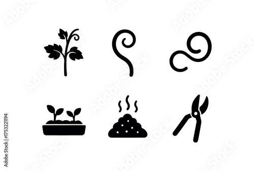 flat black solid icon items isolated on white background young vine curling shoot tendril loop garden bed compost pile pruning shear
