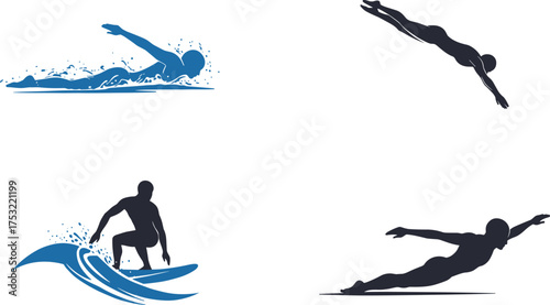 Swimming and surfing sport silhouette illustration set, swimmers and surfers in motion, water activity, aquatic training, beach lifestyle vector design