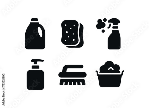 flat black solid icon items isolated on white background: laundry detergent cleaning sponge foam spray soap pump scrub brush wash tub