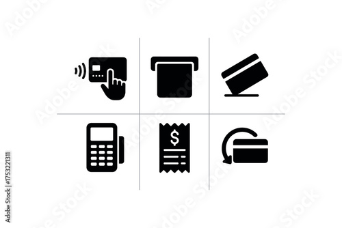 flat black solid icon items isolated on white background: tap to pay insert card swipe card card reader payment receipt chargeback