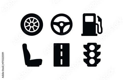flat black solid icon items isolated on white background: wheel steering wheel fuel pump driver road lane traffic light