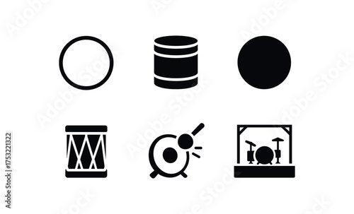 flat black solid icon items isolated on white background drum frame wooden skin top tuning rope bass hit music stage