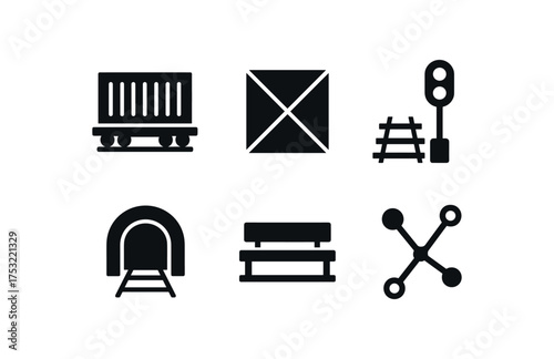 flat black solid icon items isolated on white background: cargo train freight box rail signal tunnel arch platform bench route map