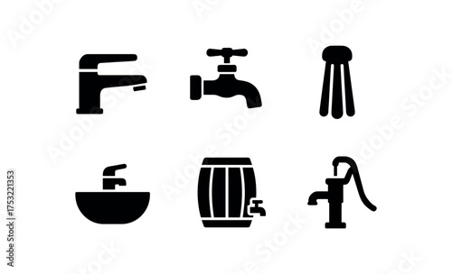 flat black solid icon items isolated on white background tap nozzle brass spigot liquid stream sink bowl keg barrel pump handle