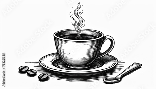 steaming coffee cup, beans, spoon, black and white clip art preview