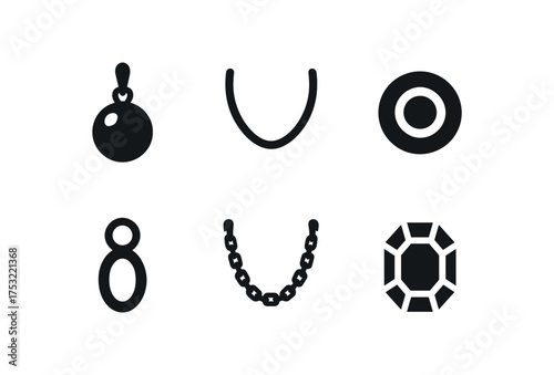 flat black solid icon items isolated on white background bead pendant string cord glass bead charm loop necklace chain gem stone
