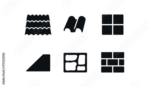 flat black solid icon items isolated on white background tile ridge roof tile grout seam slope edge stone slab mortar line