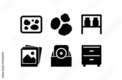 flat black solid icon items isolated on white background: item collection rock samples jar shelf photo stack record box cabinet