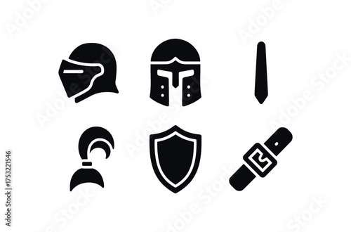 flat black solid icon items isolated on white background combat visor iron helmet narrow slit plume top shield edge leather strap