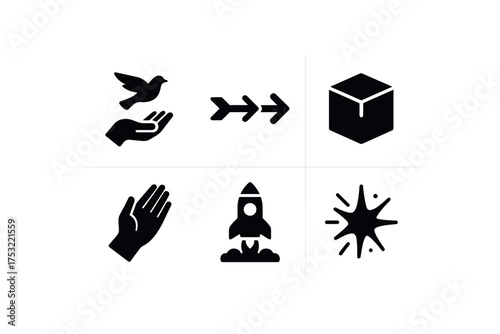 flat black solid icon items isolated on white background: release arrow flow box icon hand launch line signal burst