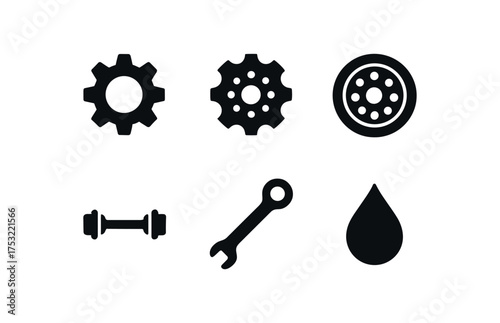 flat black solid icon items isolated on white background gear notch cog wheel steel rim drive shaft torque oil drop