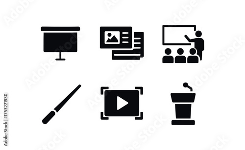 flat black solid icon items isolated on white background: projector screen slide deck lecture hall pointer stick video frame stage podium