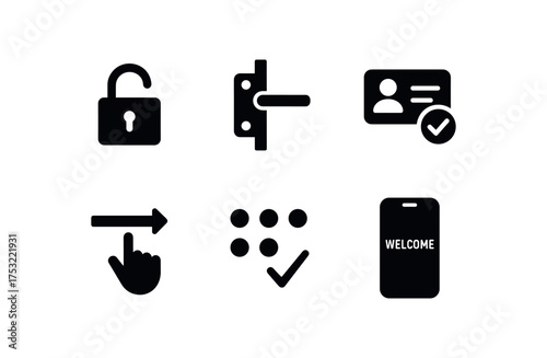 flat black solid icon items isolated on white background: open padlock lifted latch access granted swipe unlock passcode match welcome screen