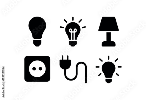 flat black solid icon items isolated on white background: light bulb glowing filament lamp base socket power cord idea spark